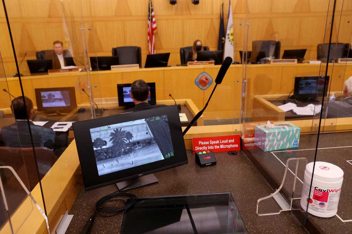Aerial video is shown during a fact-finding review at the Clark County Government Center in Las ...