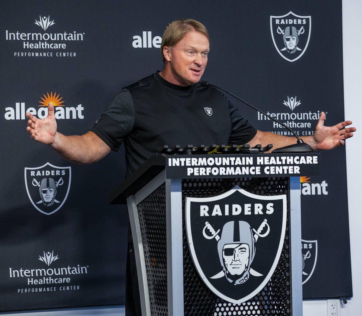 Raiders head coach Jon Gruden speaks about the preseason games to the media during the start of ...