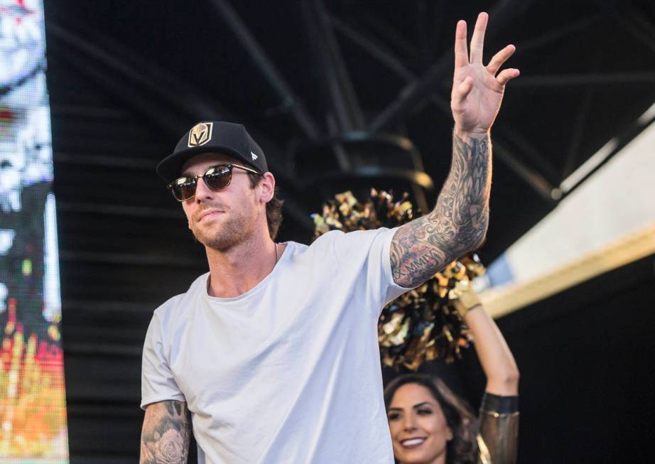Golden Knights left wing James Neal waves at fans during "Stick Salute to Vegas and Our Fa ...