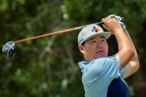 Sungjae Im, of South Korea, watches his drive off the ninth tee during the first round of the P ...