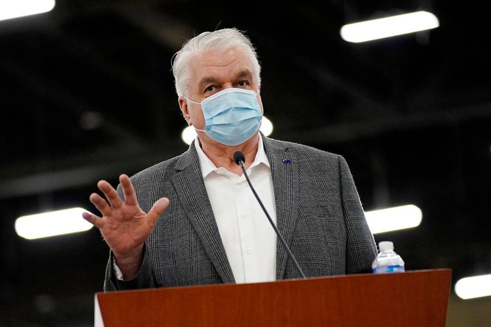 Nevada Gov. Steve Sisolak speaks during a news conference in Las Vegas in April 2021. (AP Photo ...