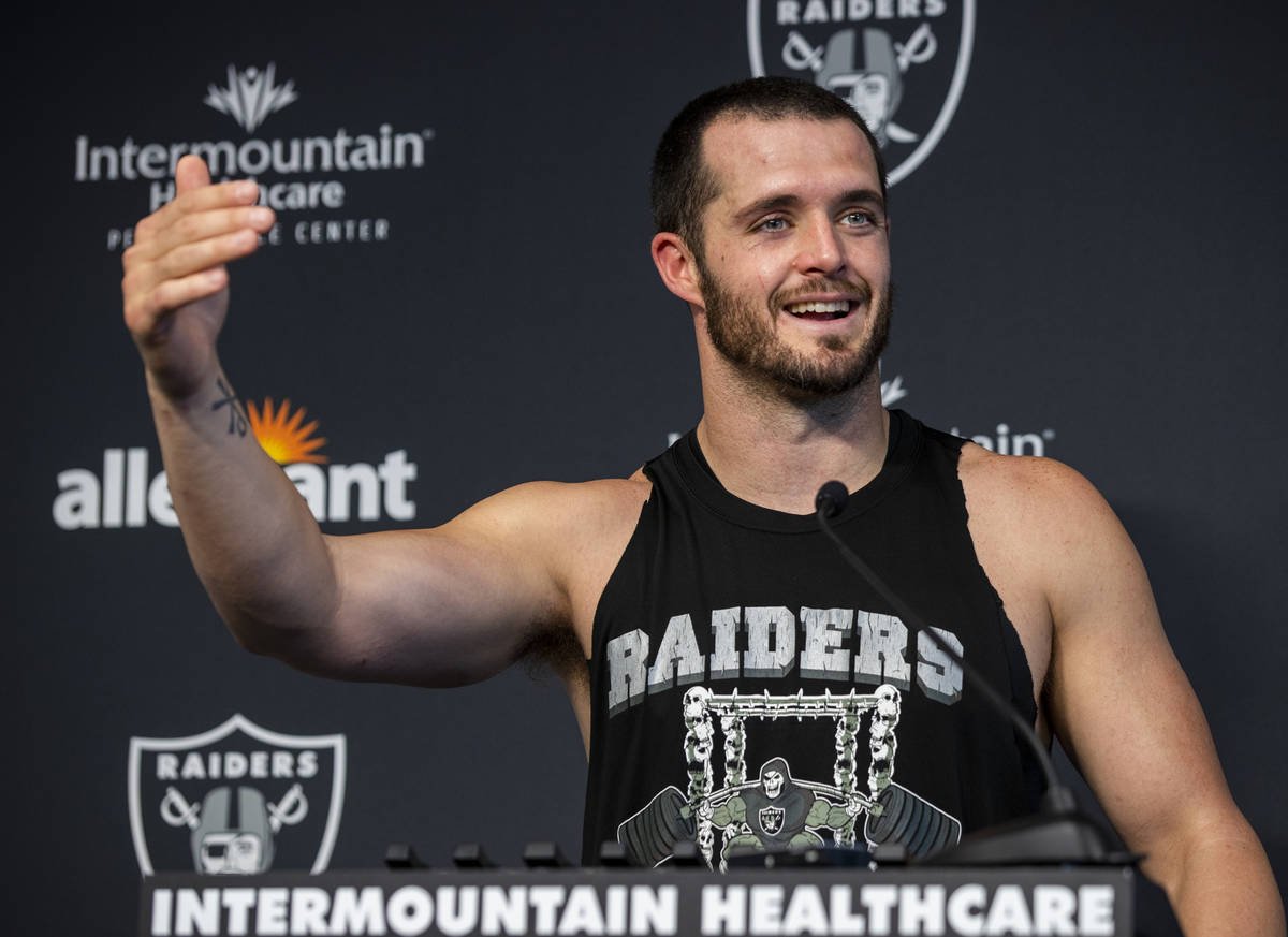 Raiders quarterback Derek Carr (4) speaks during a press conference following the first practic ...