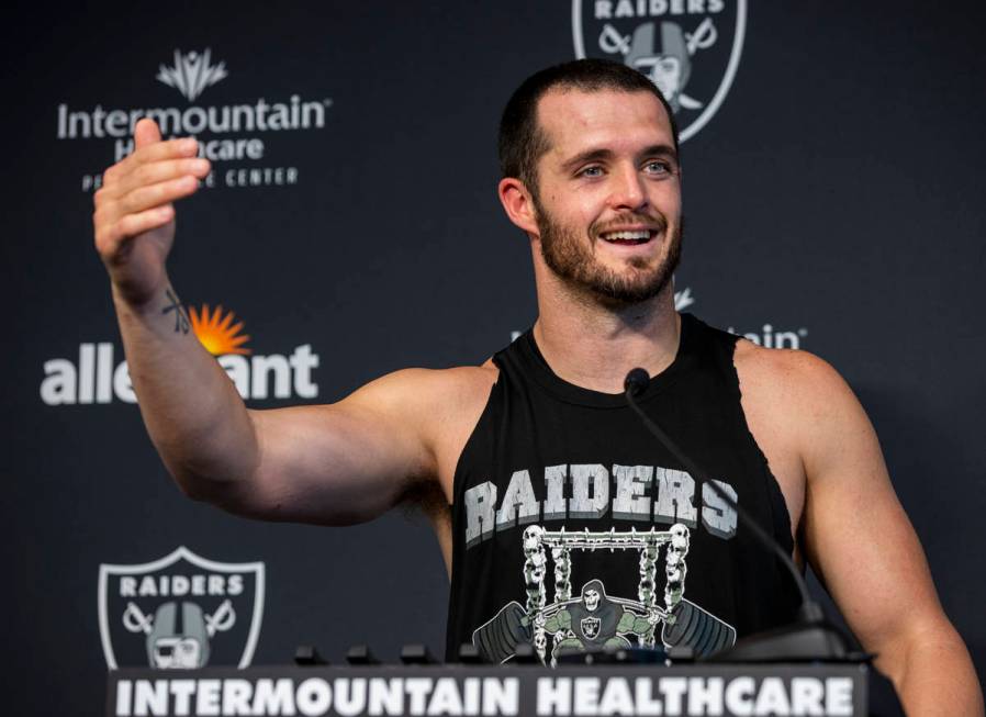 Raiders quarterback Derek Carr (4) speaks during a press conference following the first practic ...