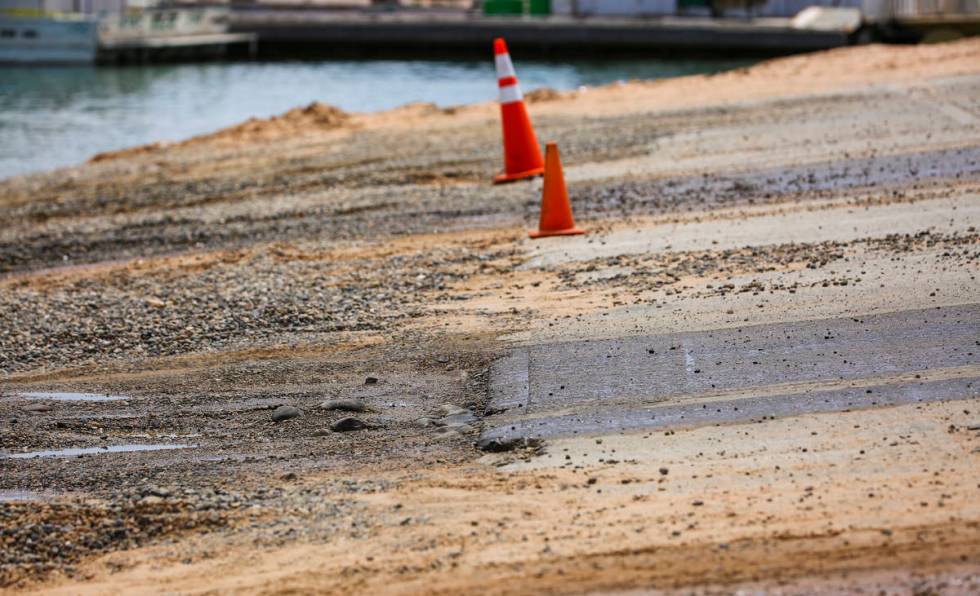 The end of the concrete Wahweap main launch ramp is pictured at Lake Powell in the Glen Canyon ...