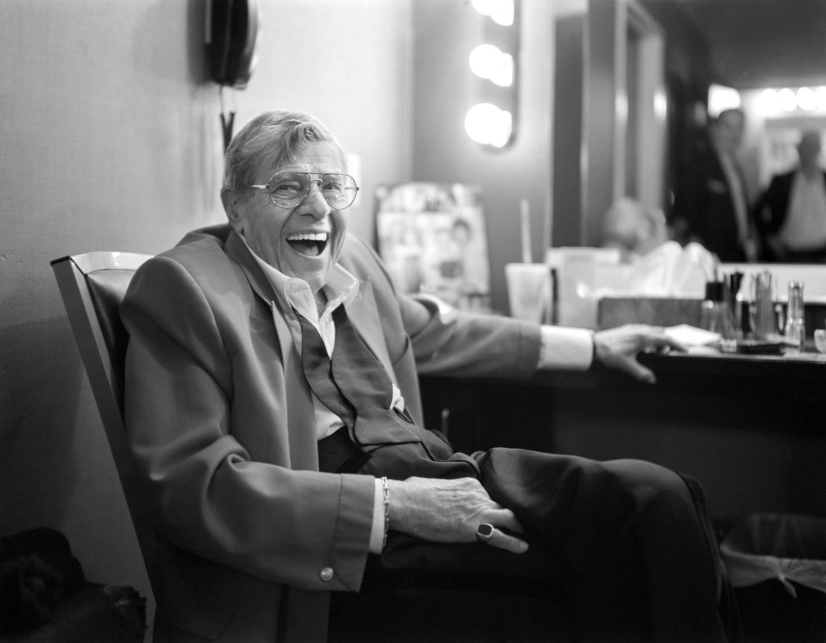 Jerry Lewis has a laugh in his dressing room after the final show of his run at the South Point ...