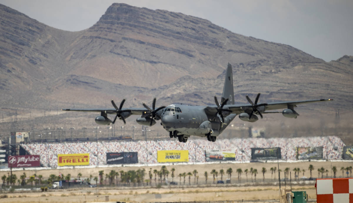 A C-130 comes in for a landing as Nellis Air Force Base is hosting a RED FLAG exercise on Thurs ...