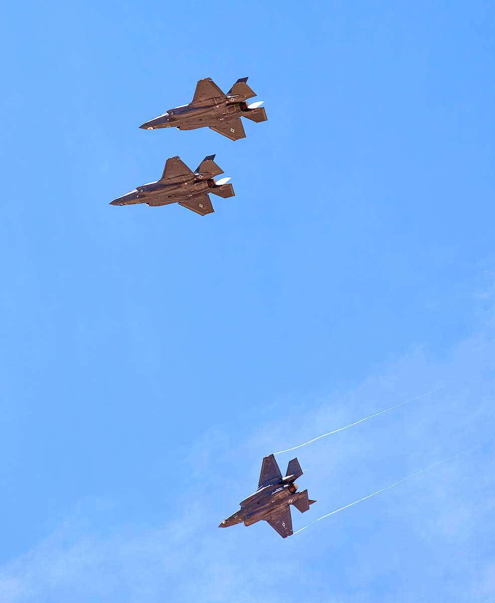 F-35s fly over as Nellis Air Force Base is hosting a RED FLAG exercise on Thursday, July 29, 20 ...