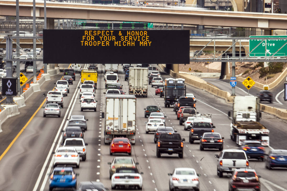 Signage on Interstate 15 northbound for Nevada Highway Patrol trooper Micah May is seen on Frid ...