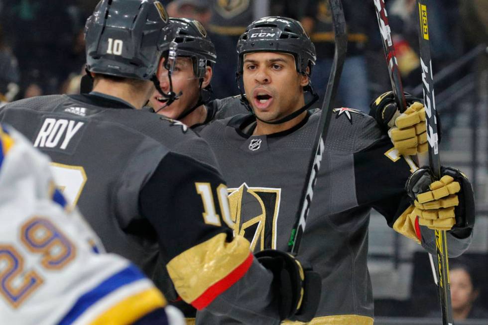 Vegas Golden Knights right wing Ryan Reaves (75) celebrates after scoring against the St. Louis ...