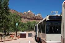 A tourist shuttle bus is seen in Zion National Park, Utah, on Wednesday, July 1, 2020. (K. Sop ...