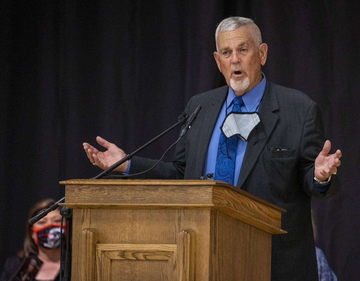 Henderson Justice of the Peace David Gibson Sr. speaks during a public memorial service for for ...