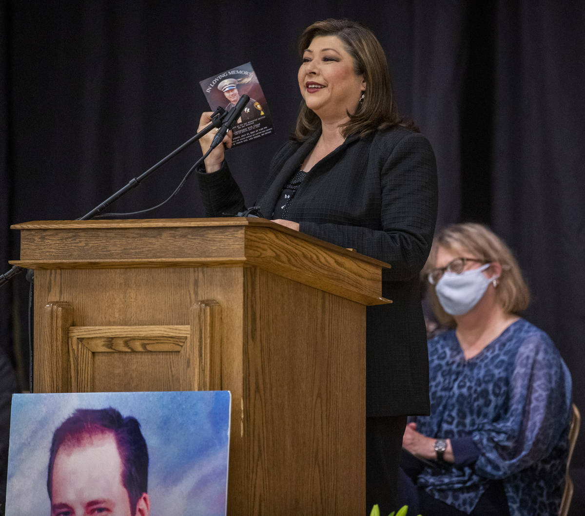 Councilwoman Gerri Schroder speaks during a public memorial service for former Metro Lt. Erik L ...