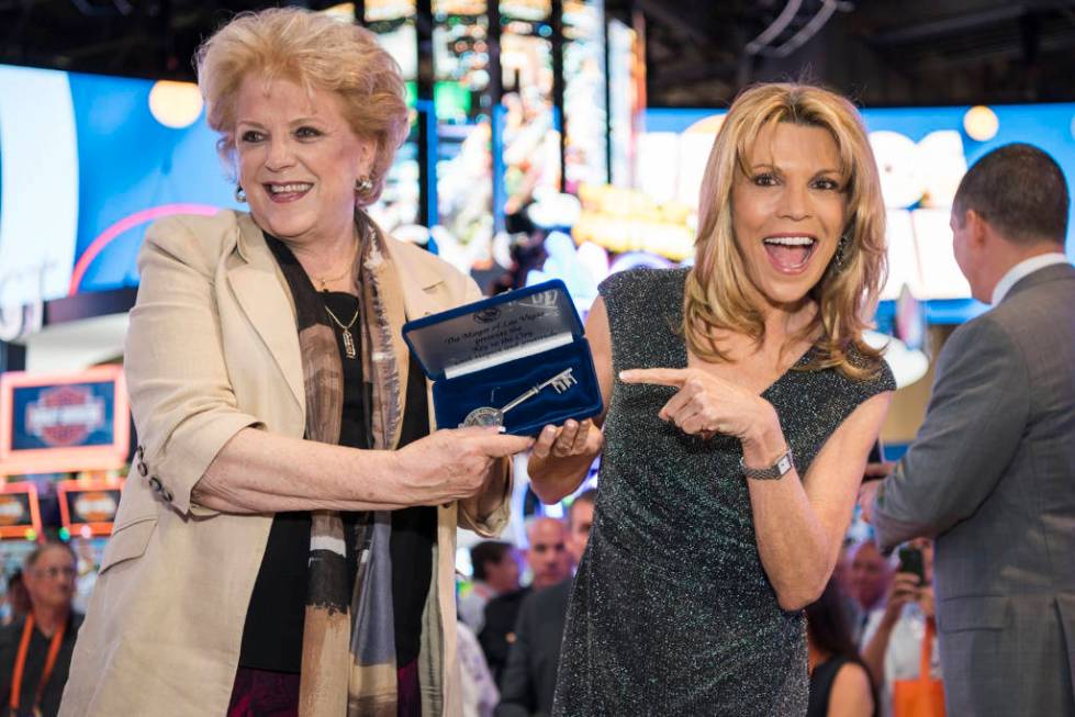Mayor Carolyn Goodman, left, gives a key to the city to Vanna White for 20 years of "Wheel of F ...