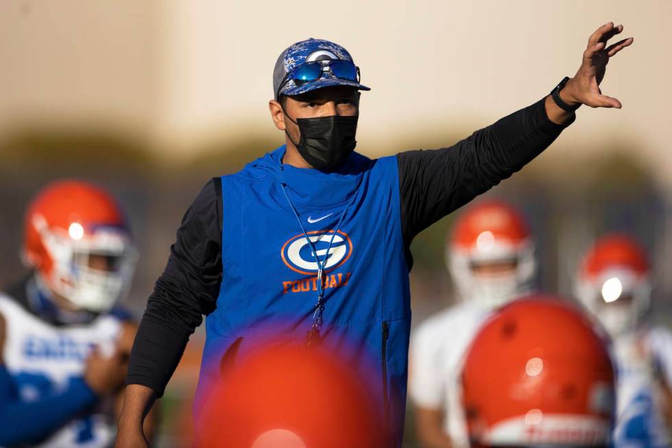 Bishop Gorman head football coach Brent Browner leads practice on Friday, Feb. 19, 2021, at Bis ...