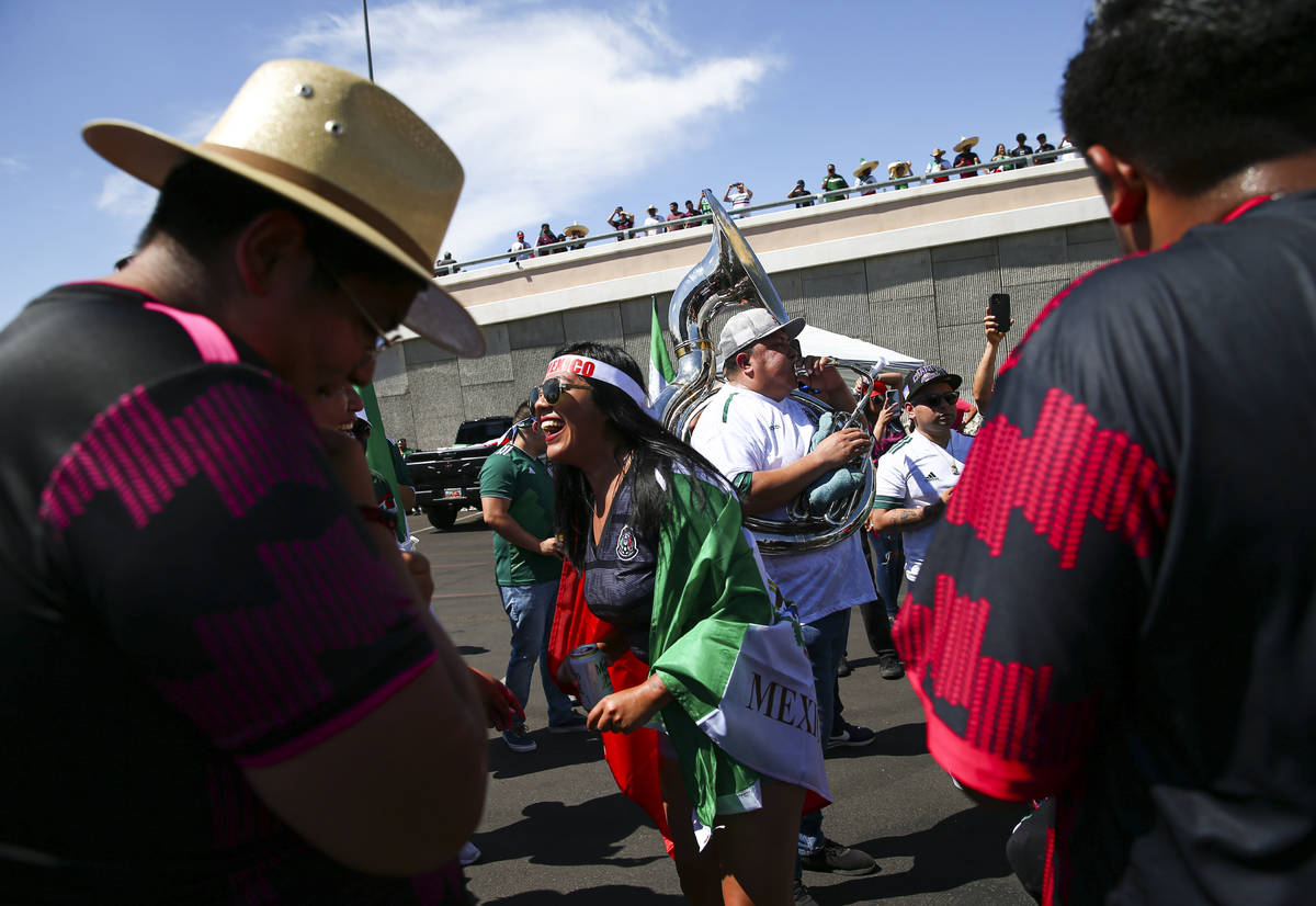 Mexico fans celebrate before the Concacaf Gold Cup final soccer match at Allegiant Stadium in L ...