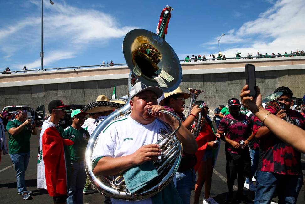 Mexico fans celebrate before the Concacaf Gold Cup final soccer match at Allegiant Stadium in L ...