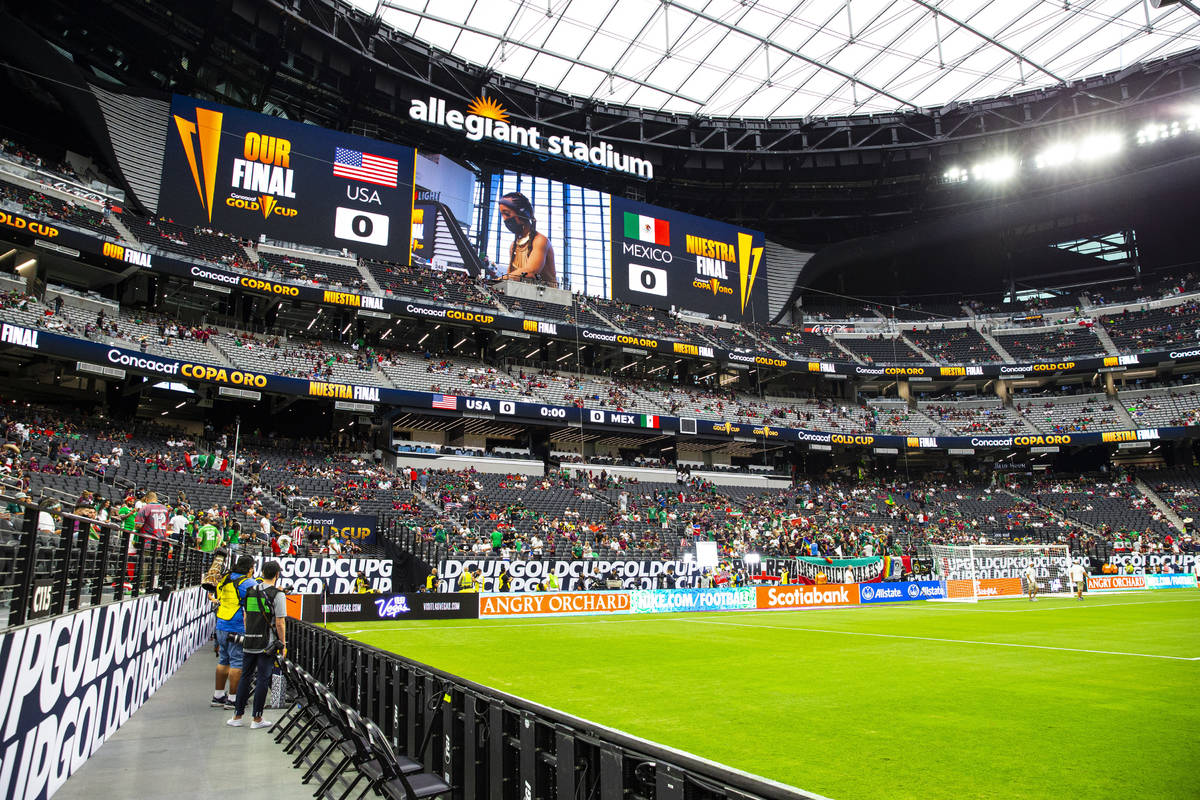 Fans fill the stadium before the start of the Concacaf Gold Cup final soccer match at Allegiant ...
