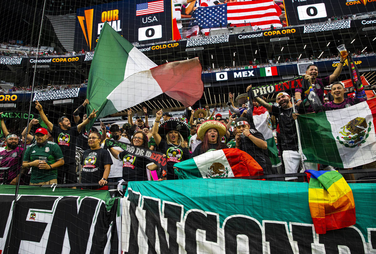 Mexico fans cheer before the start of the Concacaf Gold Cup final soccer match at Allegiant Sta ...