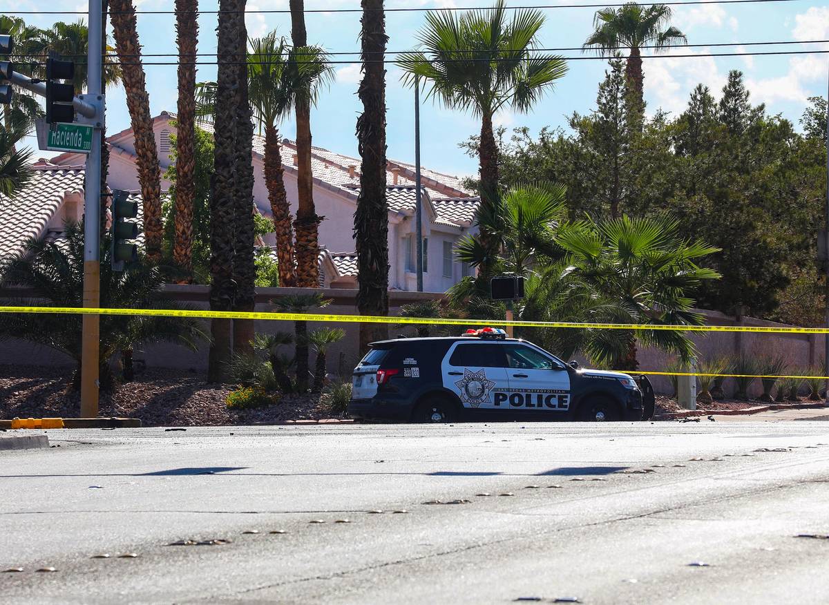 The scene of a fatal car accident near Pecos Road and Hacienda Avenue in Las Vegas, Sunday, Aug ...