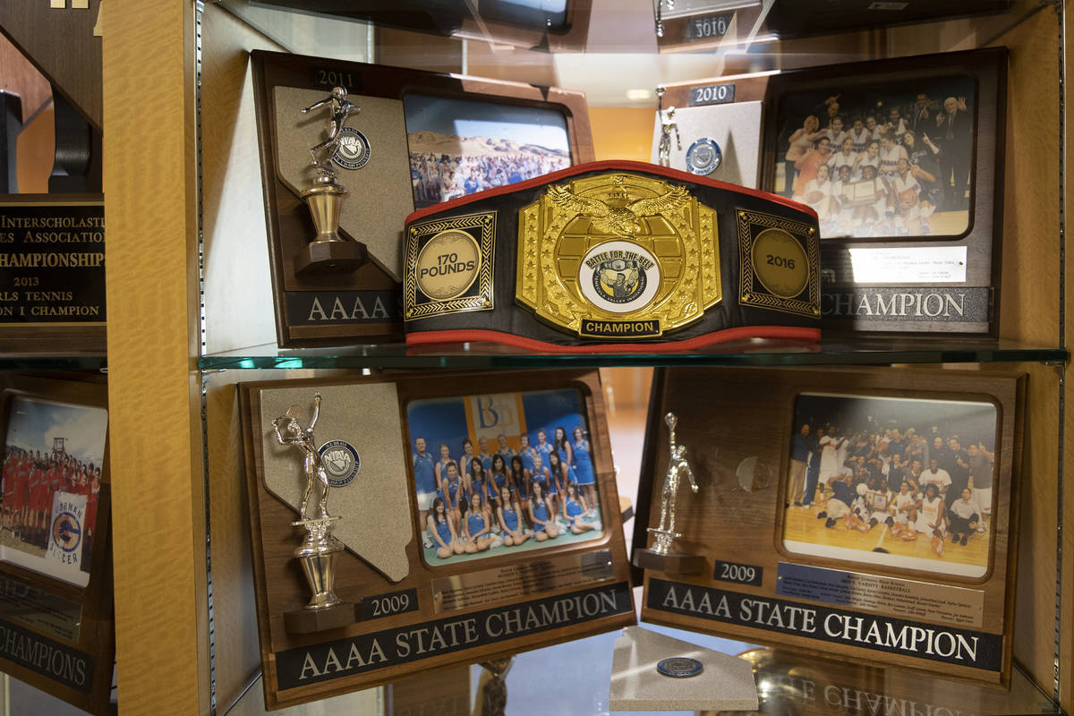 One of many trophy cases at Bishop Gorman High School on Monday, Aug. 9, 2021, in Las Vegas. (B ...