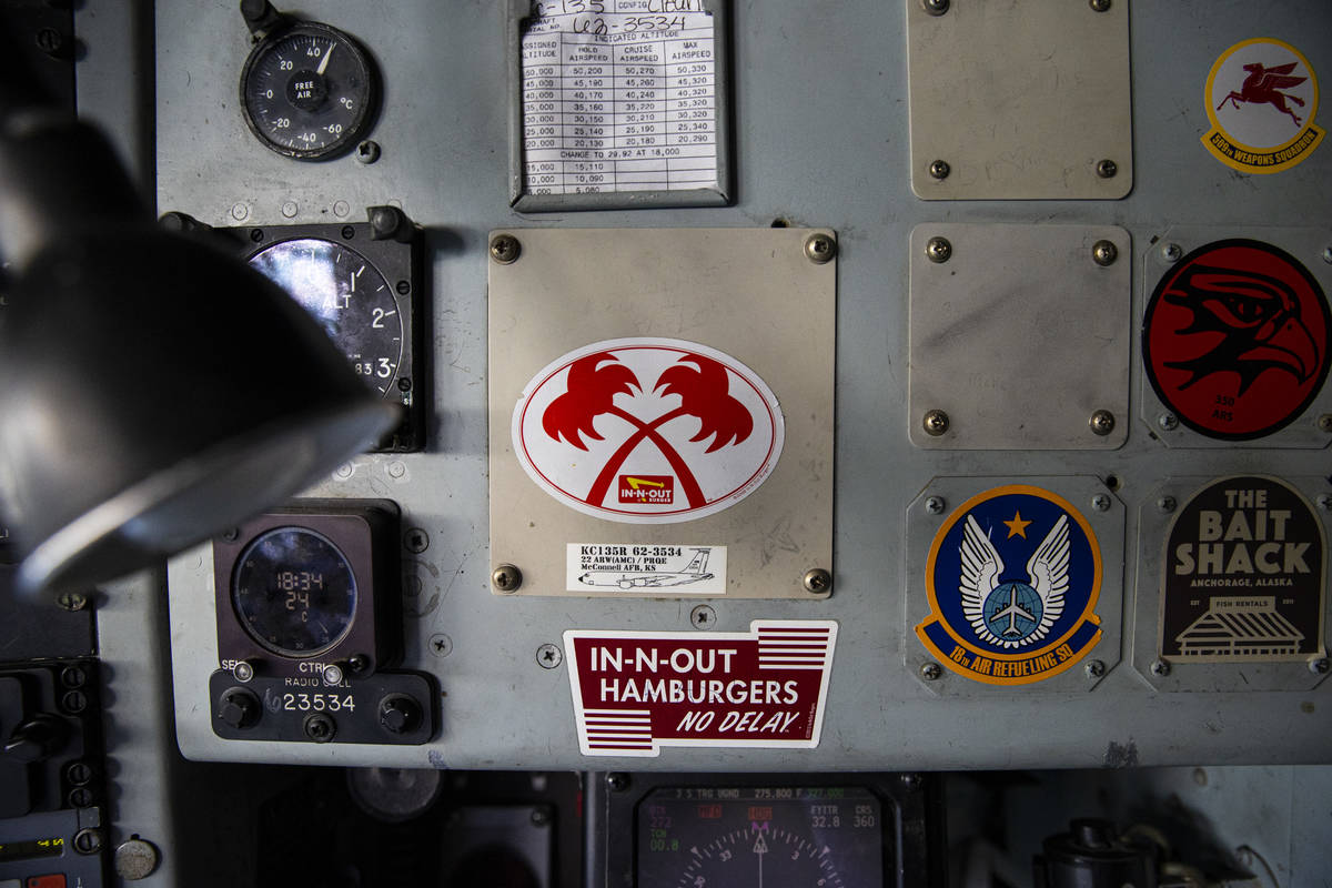 Stickers and emblems inside of the cockpit of a KC-135 refueling tanker at Nellis Air Force Bas ...