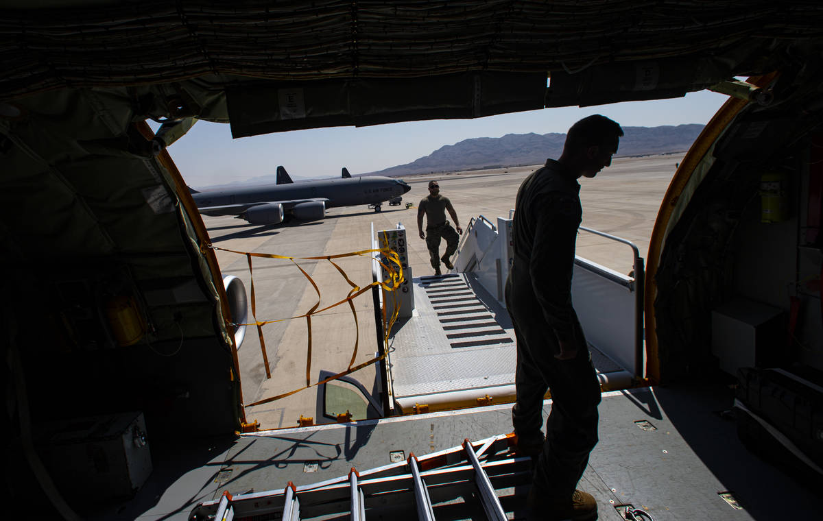 A KC-135 refueling tanker is prepped before takeoff as part of Red Flag exercises at Nellis Air ...