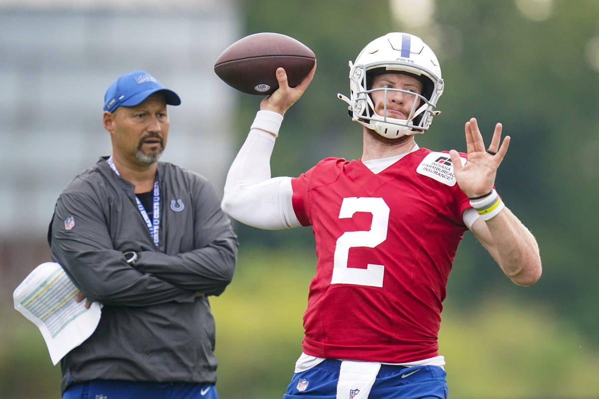 Indianapolis Colts quarterback Carson Wentz throws during practice at the NFL team's football t ...