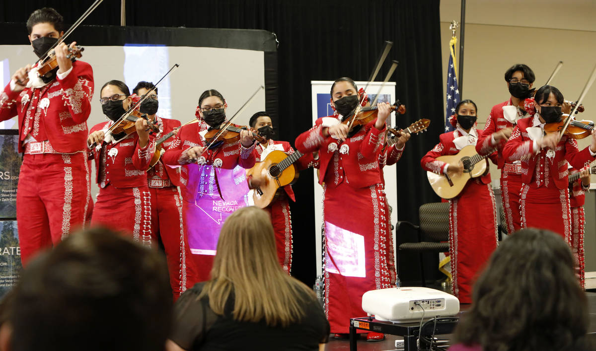 Las Vegas High School Mariachi Joya Group performs during a kick-off event of the Nevada Recove ...