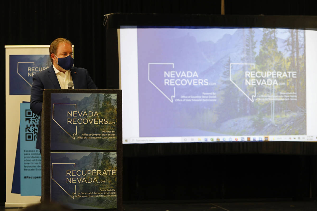 Nevada State Treasurer Zach Conine speaks during a kick-off event of the Nevada Recovers Listen ...