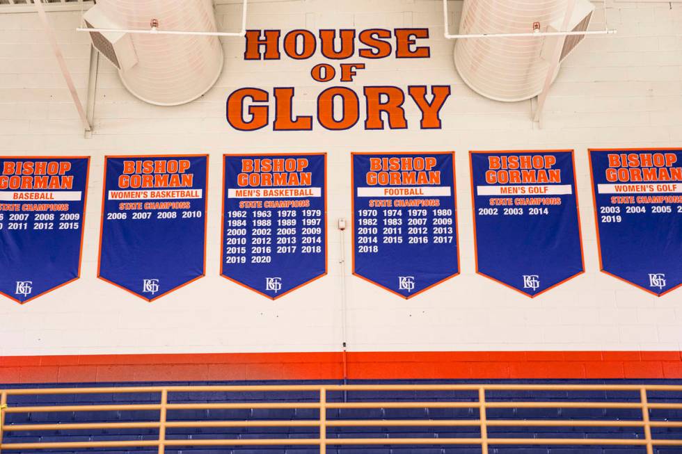 Championship banners hang from the gym rafters at Bishop Gorman High School on Monday, Aug. 9, ...