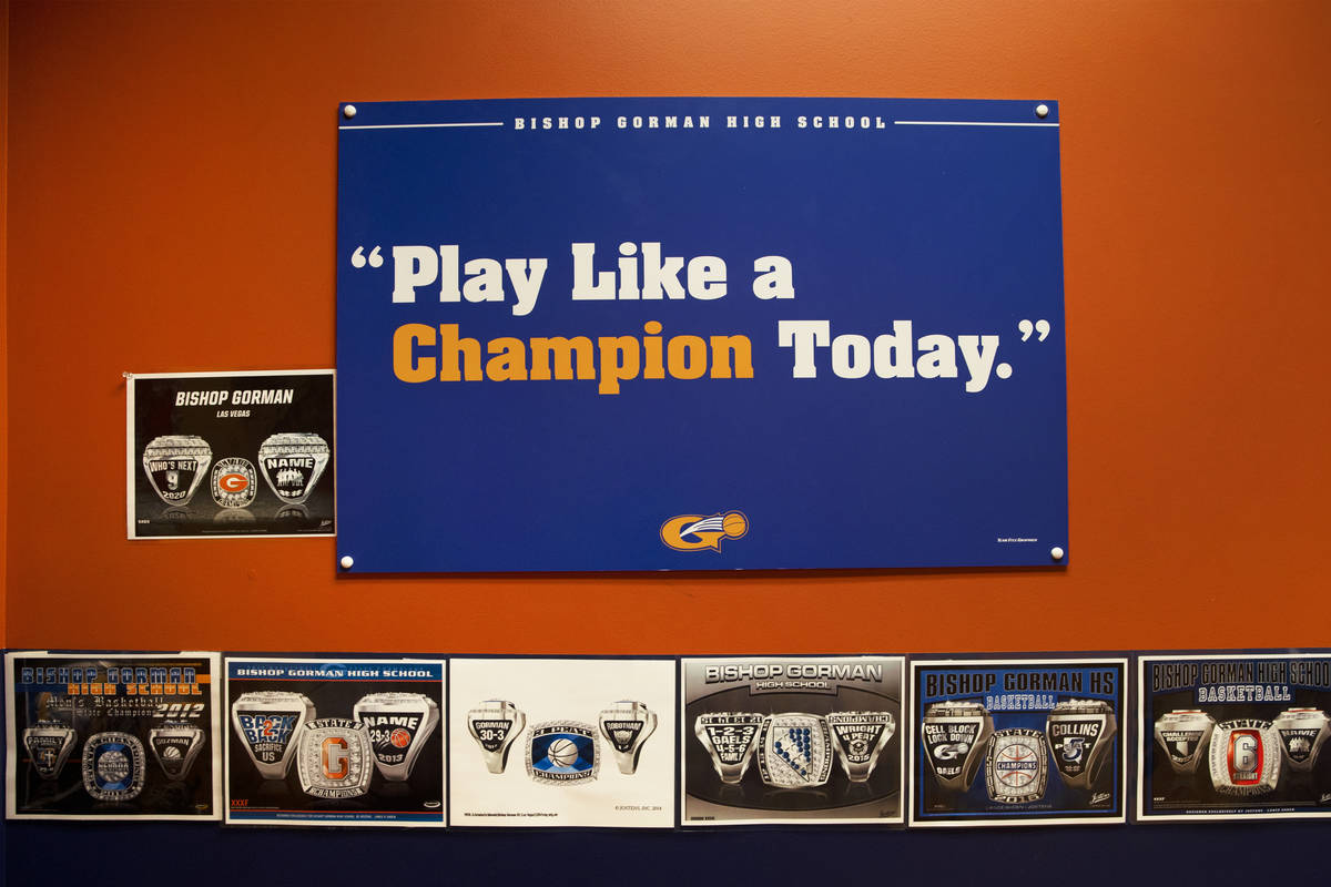 The Bishop Gorman boys basketball locker room on Monday, Aug. 9, 2021, at Bishop Gorman High Sc ...