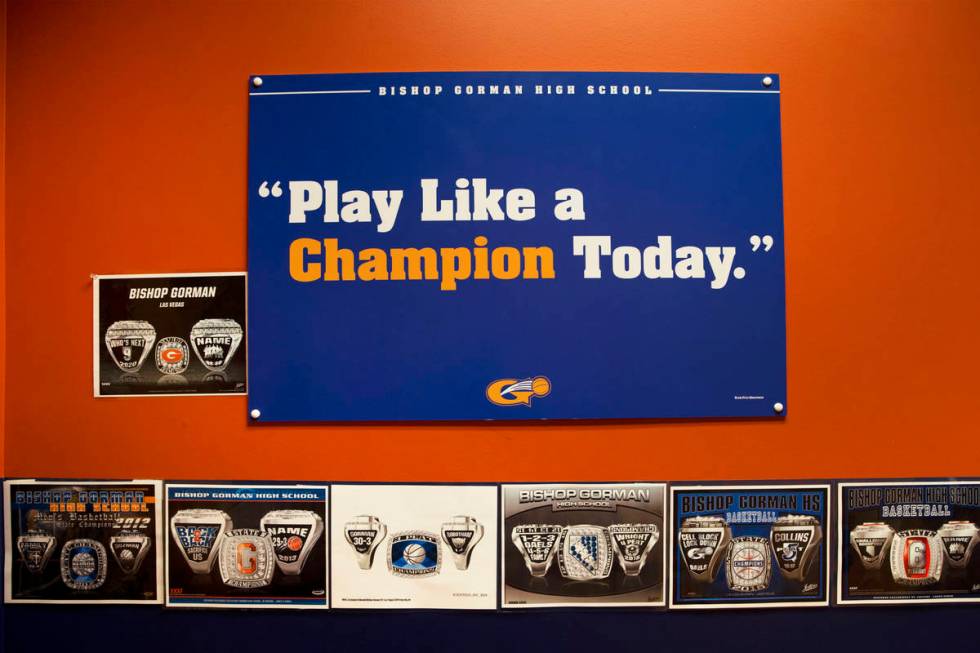 The Bishop Gorman boys basketball locker room on Monday, Aug. 9, 2021, at Bishop Gorman High Sc ...