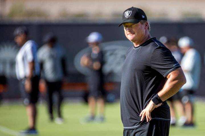 Raiders Head Coach Jon Gruden looks his players during practice at the Intermountain Healthcare ...