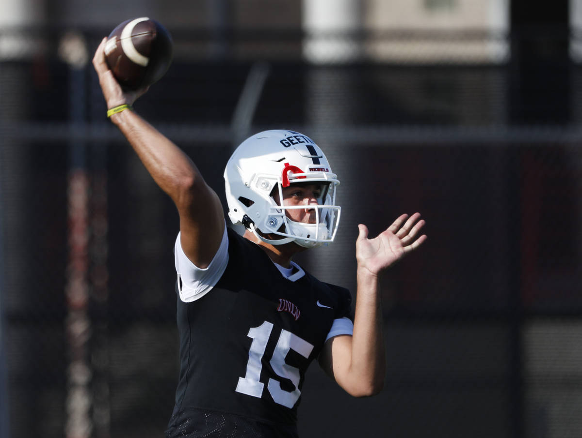 UNLV Rebels quarterback Matthew Geeting (15 )throws a ball during football practice in UNLV, We ...