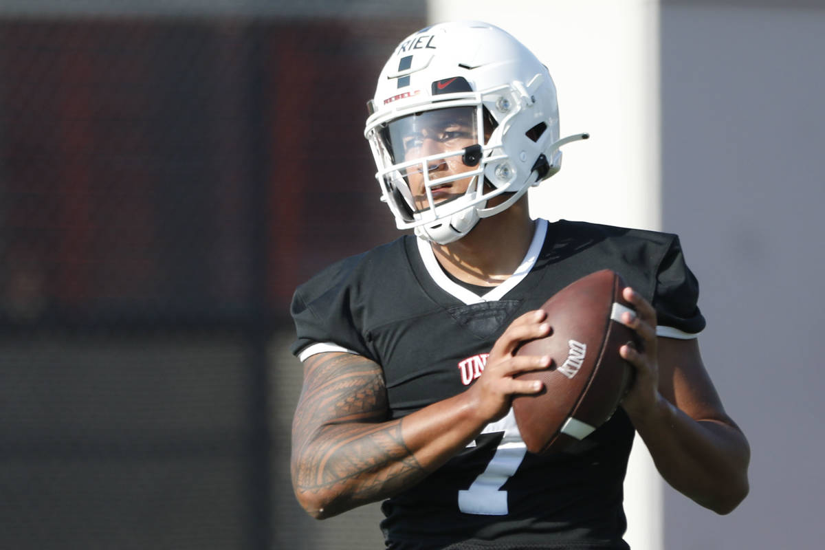 UNLV Rebels quarterback Cameron Friel (7) throws a ball during football practice in UNLV, Wedne ...