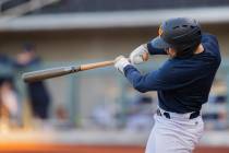 Cody Thomas hits a home run during a simulated game at practice at Las Vegas Ballpark on Tuesda ...