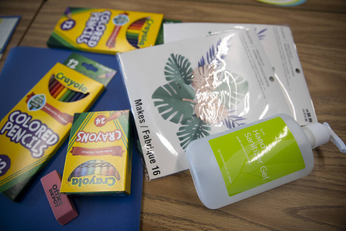 Individual student materials are seen on a desk at Tate Elementary School in Las Vegas, Thursda ...