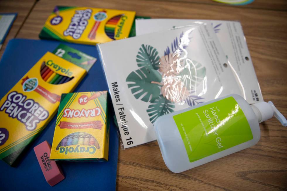 Individual student materials are seen on a desk at Tate Elementary School in Las Vegas, Thursda ...
