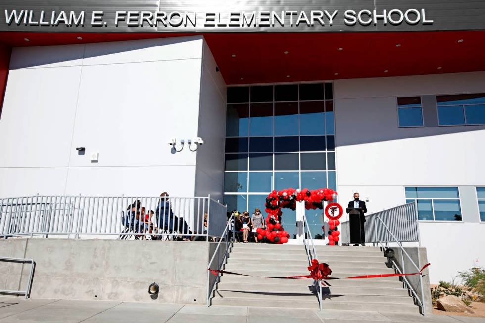 Clark County School District Superintendent Jesus Jara, right, speaks during a ribbon cutting c ...