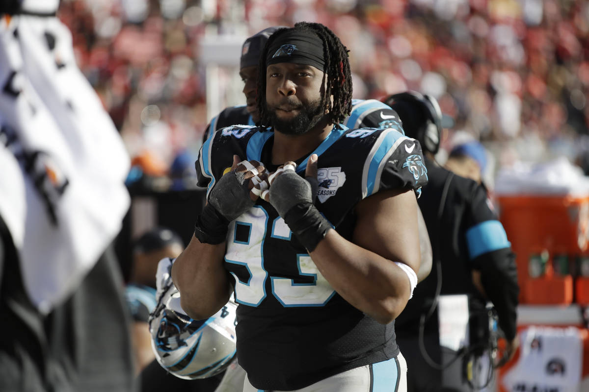 Carolina Panthers defensive tackle Gerald McCoy on bench during the second half of an NFL footb ...
