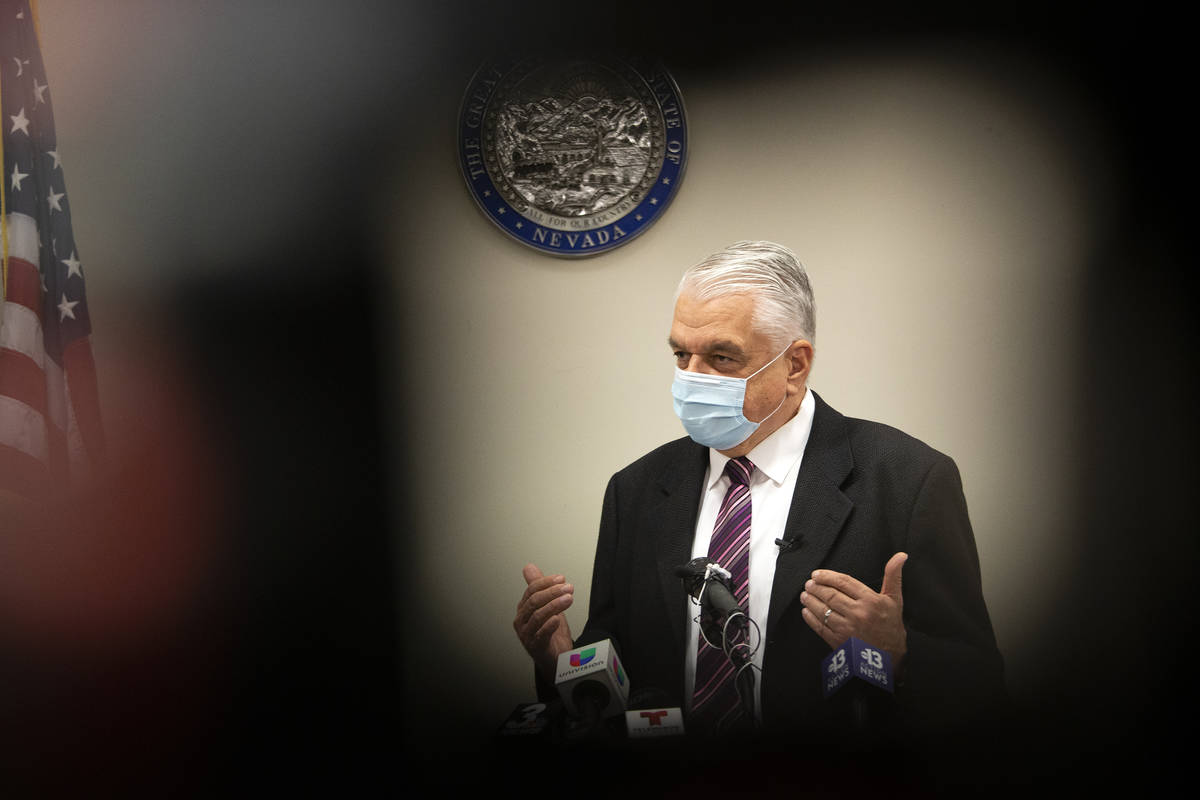 Gov. Steve Sisolak updates the public on COVID-19 in Nevada during a press conference at the Gr ...
