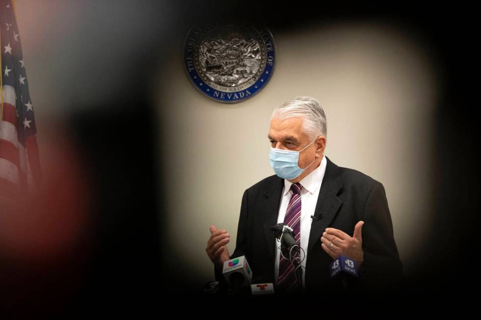 Gov. Steve Sisolak updates the public on COVID-19 in Nevada during a press conference at the Gr ...