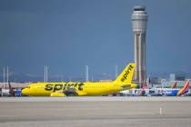 A Spirit Airlines aircraft taxis at McCarran International Airport on Tuesday, May 21, 2019, in ...
