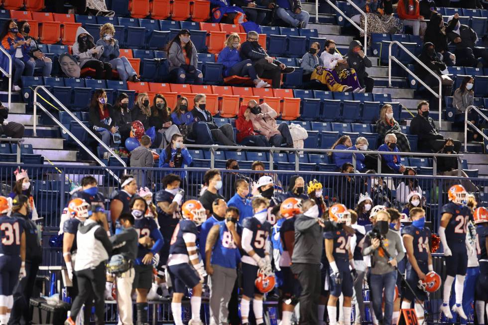 Fans watch the football game between Bishop Gorman and Faith Lutheran at Bishop Gorman High Sch ...