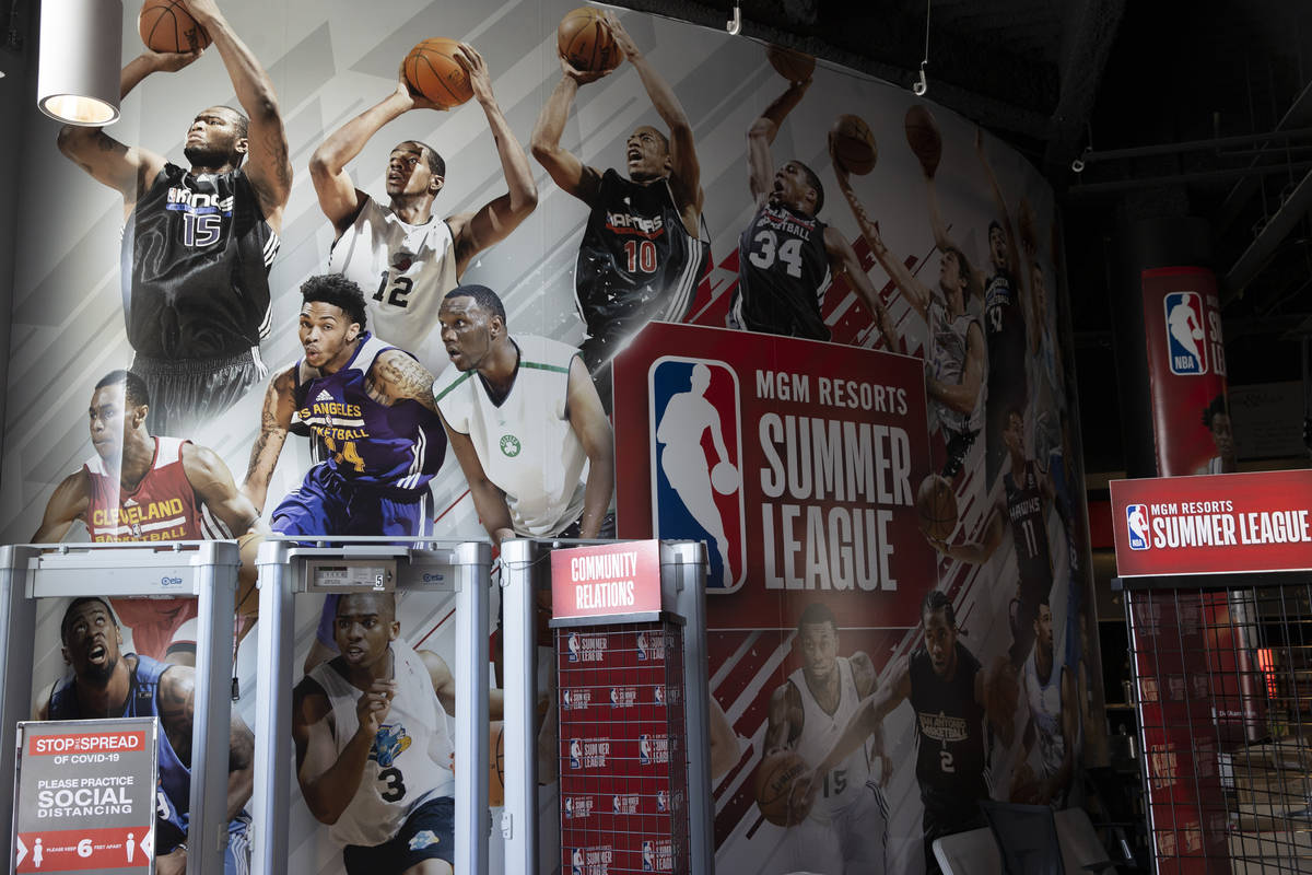 NBA Summer League signage is seen at the Thomas & Mack Center in advance of the tournament ...