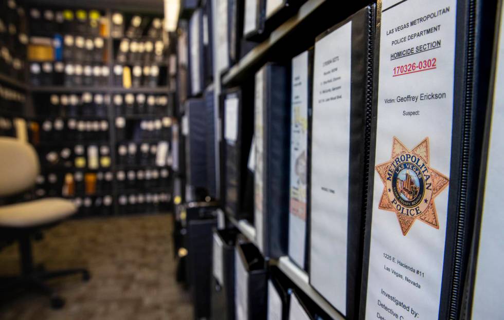 Some of the many binders of cold cases within a storage room in Metro's homicide unit on Wednes ...