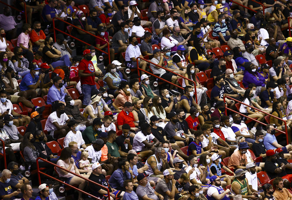 during the first half of an NBA Summer League basketball game at the Thomas & Mack Center i ...