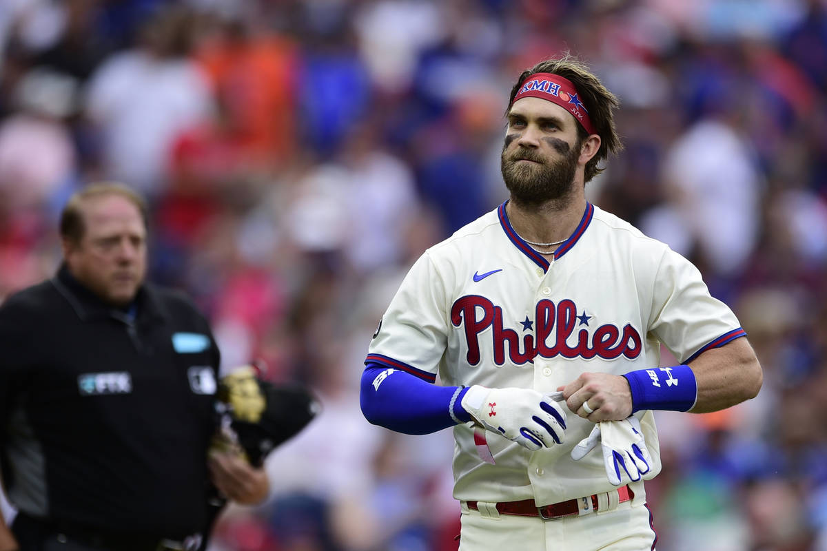 Philadelphia Phillies' Bryce Harper in action during a baseball game against the New York Mets, ...