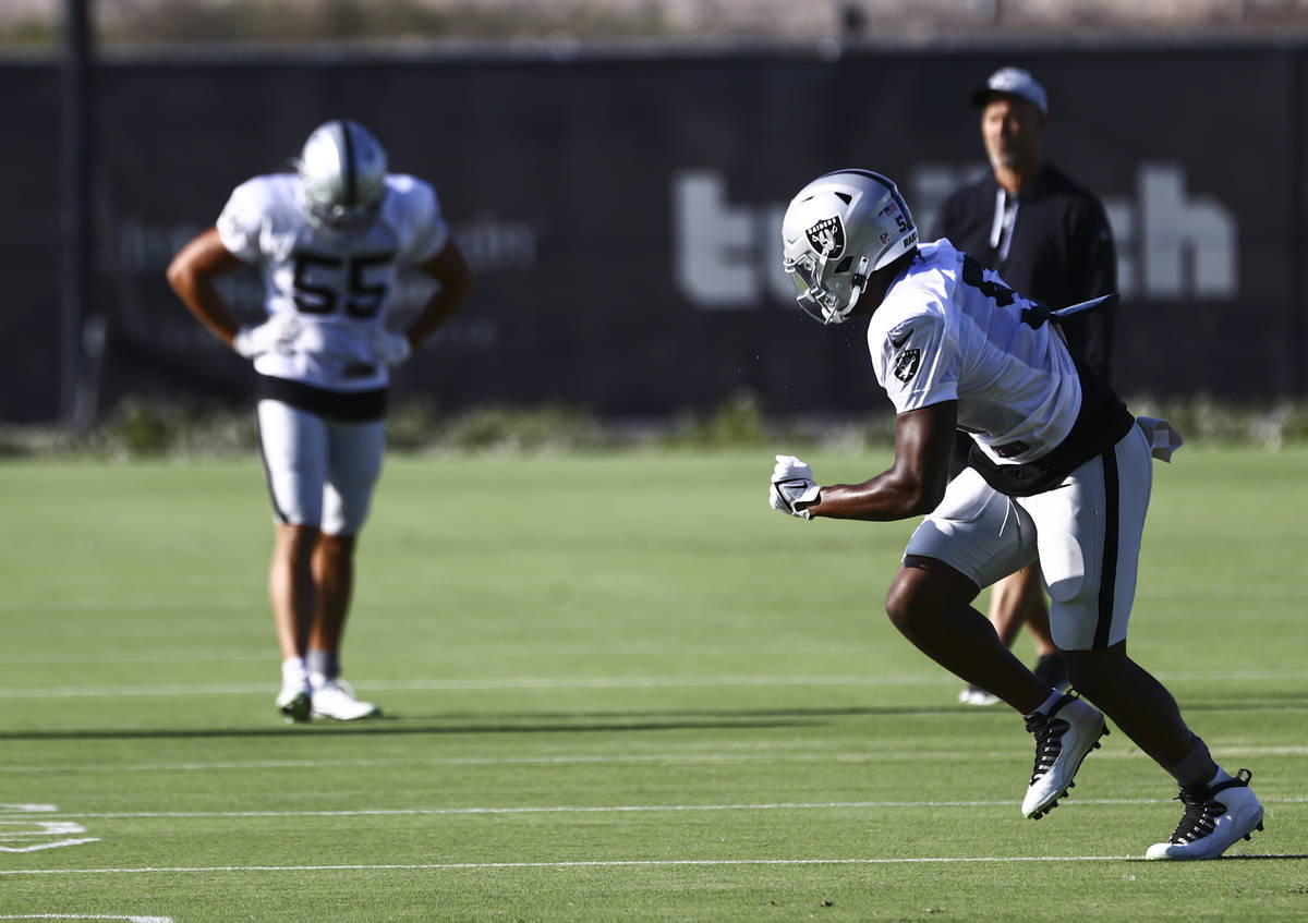 Raiders defensive end Malcolm Koonce (51) participates in a drill during training camp at Raide ...