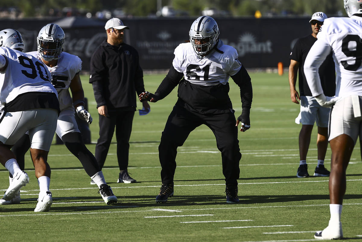 Raiders defensive tackle Gerald McCoy (61) participates in a drill during training camp at Raid ...
